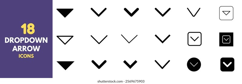 Different types of Website dropdown arrow icon on white background.