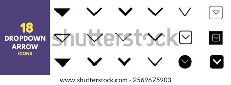 Different types of Website dropdown arrow icon on white background.
