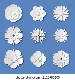Different Types White Paper Origami Flowers Set Handmade Decoration Concept. Vector illustration of Flower Cut from Paper