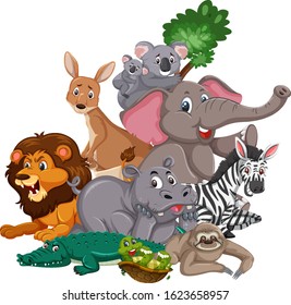 Different types of wild animals on white background illustration