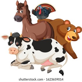 Different types of wild animals on white background illustration