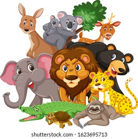 Different types of wild animals on white background illustration