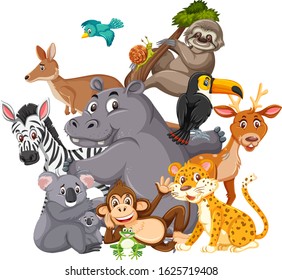 Different types of wild animals on white background illustration