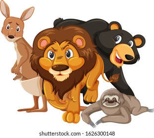 Different types of wild animals on white background illustration