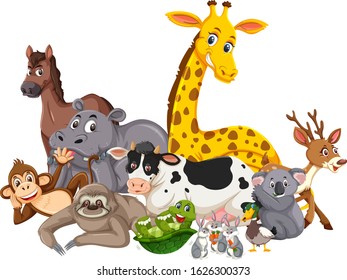 Different types of wild animals on white background illustration