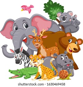 Different types of wild animals on white background illustration