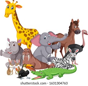 Different types of wild animals on white background illustration