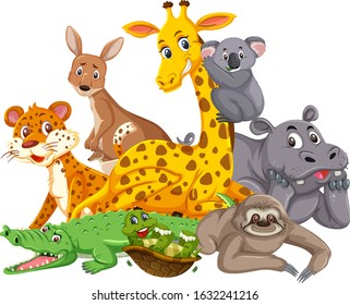 Different types of wild animals on white background illustration