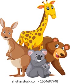 Different types of wild animals on white background illustration