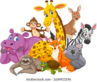 Different types of wild animals on white background illustration