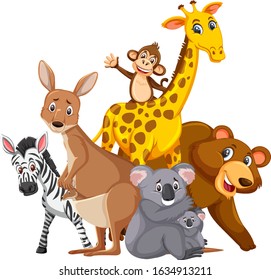 Different types of wild animals on white background illustration