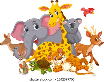 Different types of wild animals on white background illustration