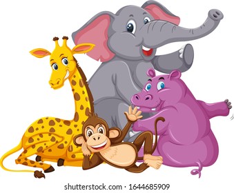 Different types of wild animals on white background illustration