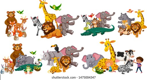 Different types of wild animals in seven sets illustration