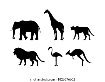 Different types of wild animals silhouette icon set vector. Black silhouettes of wild animals icon vector. Group of animals icon set isolated on a white background
