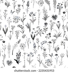 Diferentes tipos de flores silvestres. Patrón sin foco. Textura de tela.