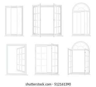 Different types of windows. Realistic decorative windows icons set