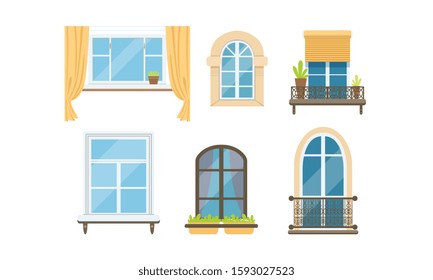 Different Types of Windows Vector Set. Glass Exterior Element Collection