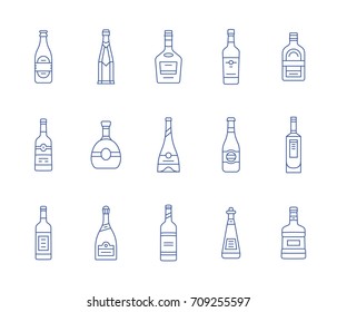 Different types of wine, whisky, vodka and beer bottles. Vector icons of alcohol bottle. Linear style.