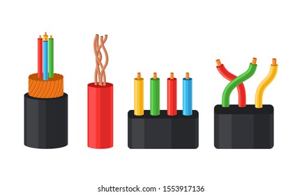 Different Types Of Wire Electrical Cables Vector Illustration Set