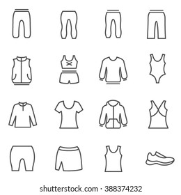 Different types of woman's sport clothes / Clothes for sport and home as line icons
