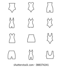 Different types of woman's waist corrective underwear / Set of vector line icons 
