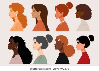 different types of women profiles, set, vector illustration