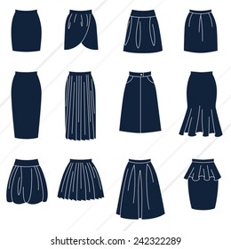 Different types of women skirts / Solid fill vector icons set as flat icons