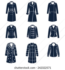 Different types of women winter clothes / Solid fill vector icons set as flat icons