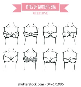 Different types of women's bra, hand drawn icons in contour sketch style