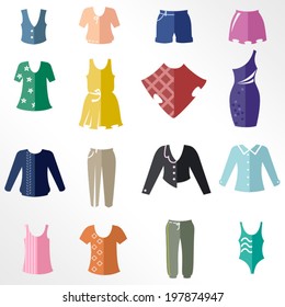 Different types of women's clothing as bicolor flat icons / Solid fill icons in EPS 8 format