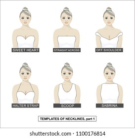 Different types of womens clothing, collection of cuts.  Woman with a bunch on her head.