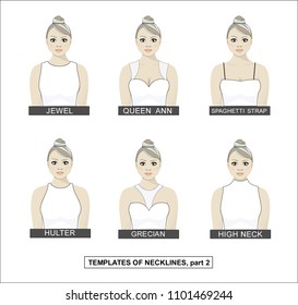 Different types of womens clothing, collection of cuts.  Woman with a bunch on her head.
