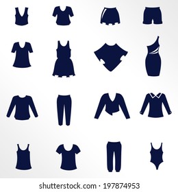 Different types of women's clothing as flat icons / Solid fill icons in EPS 8 format