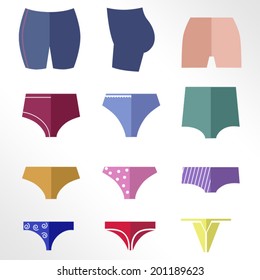 Different types of women's pants and shorts as coloring flat icons / Solid fill icons 