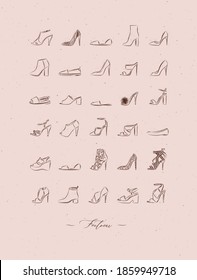 Different types of Women's shoes. Vintage style shoe set on peach color background