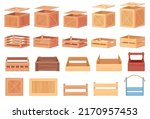Different types of wooden boxes. Boxes for storage of various substances. Vector illustration