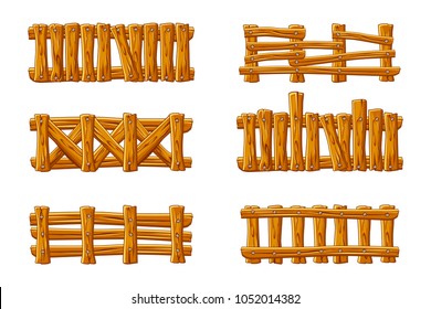 Different types of wooden fence, cartoon set for asset