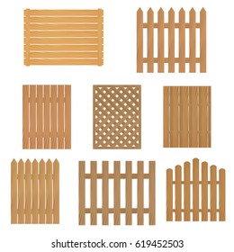 Different Types Of Wooden Fence. Fence Of Wood For Your Site Or Farm. Vector Illustration.