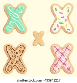 The different types of the X letter in the shape of the cookie with sweet glaze