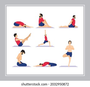 Diferentes tipos de yoga sobre fondo blanco, en vector 