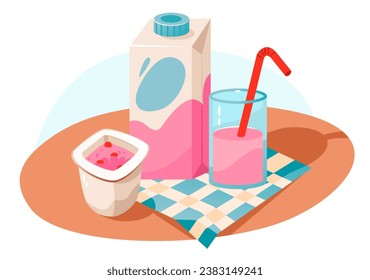 Different types of yogurt on the kitchen table. Dairy products. Organic homemade food. Cartoon vector illustration

