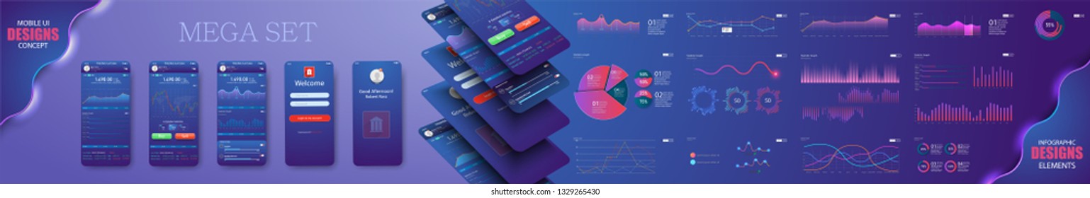 Different UI, UX, GUI mobile screens modern infographic. Diagram template and chart graph. Flat web icons for mobile apps, responsive website including. Web design and mobile template. Stock vector 