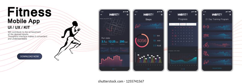 Different UI, UX, GUI screens fitnes app and flat web icons for mobile apps, Fitness application design. Mock up Mobile app. Vector template. Fitness interface design for mobile application