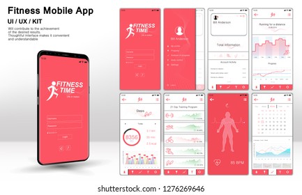 Different UI, UX, GUI screens fitnes app and flat web icons for mobile apps, Fitness application design. Mock up Mobile app. Vector template. Fitness interface design for mobile application