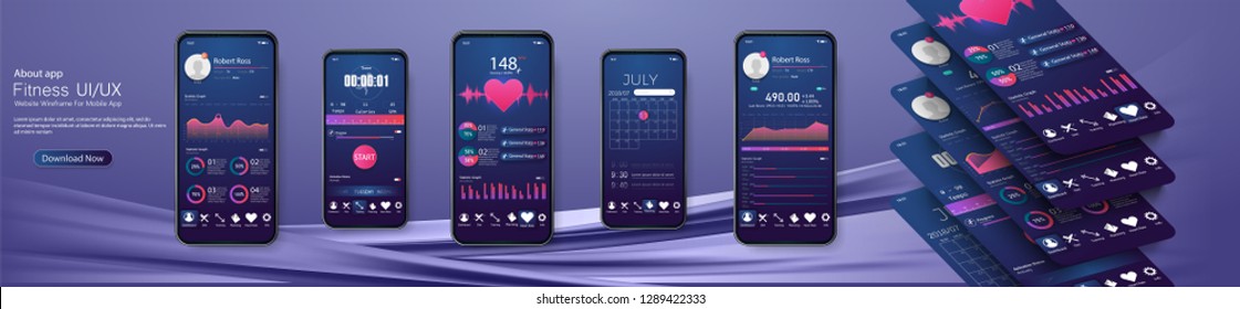 Different UI, UX, GUI screens fitness app and flat web icons for mobile apps, responsive website including. Web design and mobile template. Fitness Dashboard - stock vector