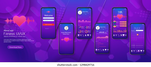 Different UI, UX, GUI screens fitness app and flat web icons for mobile apps, responsive website including. Web design and mobile template. Fitness Dashboard -  vector