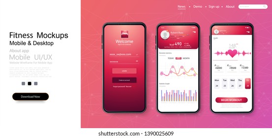 Different UI, UX, GUI Screens Fitness App And Flat Web Icons For Mobile Apps, Responsive Website Including. Web Design And Mobile Template. Fitness Dashboard. Ready Templates Fitness Tracker. Vector