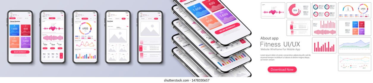 	
Different UI, UX, GUI screens fitness app and flat web icons for mobile apps, responsive website including. Web design and mobile template. Fitness interface design for mobile application. Vector