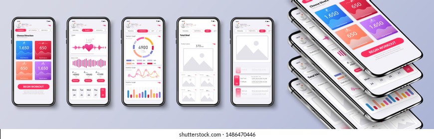 Different UI, UX, GUI screens Fitness app and flat web icons for mobile apps, responsive website including. Web design and mobile template. Fitness interface design for mobile application. Vector